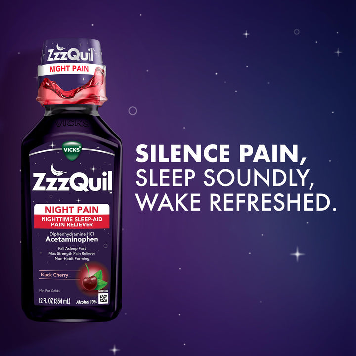 ZzzQuil Nighttime Pain Relief Sleep Aid Liquid, Black Cherry, Max Strength, 12 fl oz, Pack of 2