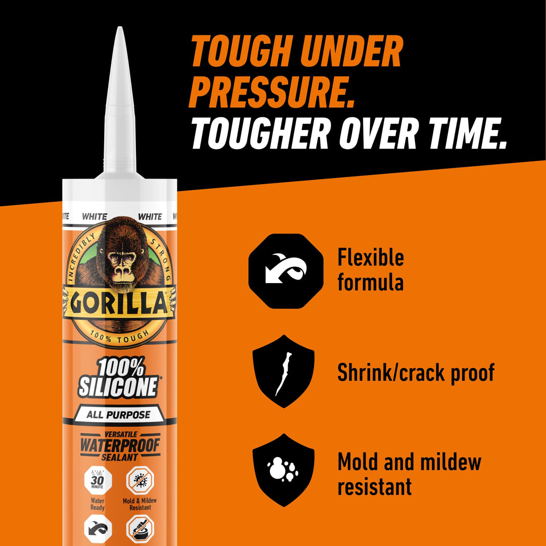 Gorilla 100 Percent Silicone Sealant Caulk, White, 10 oz