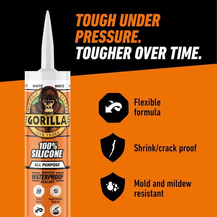 Gorilla 100 Percent Silicone Sealant Caulk, White, 10 oz