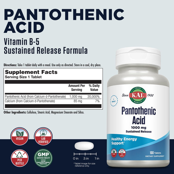 KAL Pantothenic Acid Sustained Release Tablets, 1000 mg, 100 Count