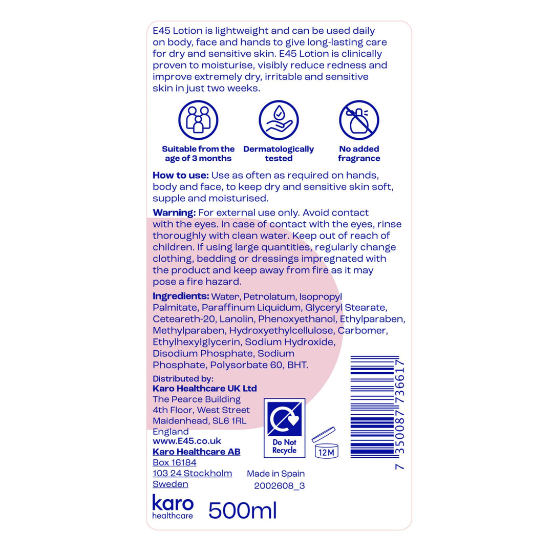 E45 Dermatological Moisturising Body Lotion, 500 ml