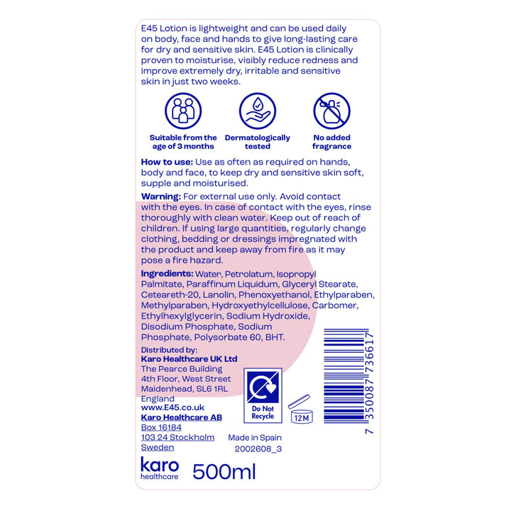 E45 Dermatological Moisturising Body Lotion, 500 ml