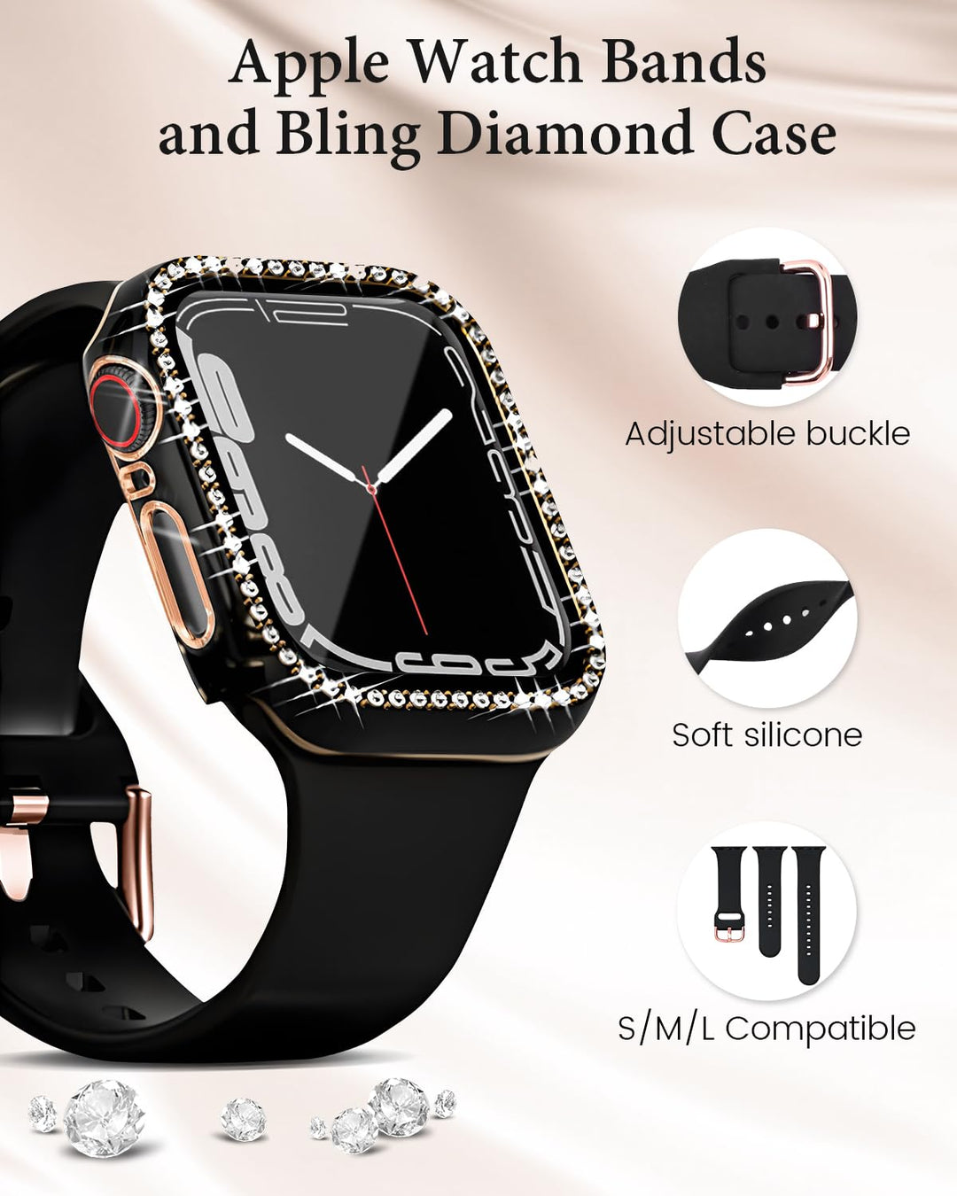 BandSmith Silicone Bands and Bling Case Compatible with Apple Watch, 1 Count