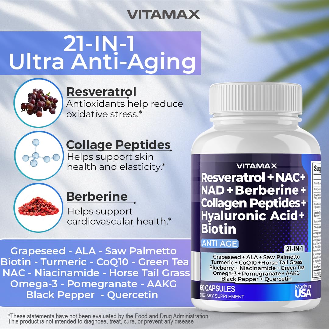 Vitamax Resveratrol NAD+ Berberine Hyaluronic Acid Supplement, 60 Count