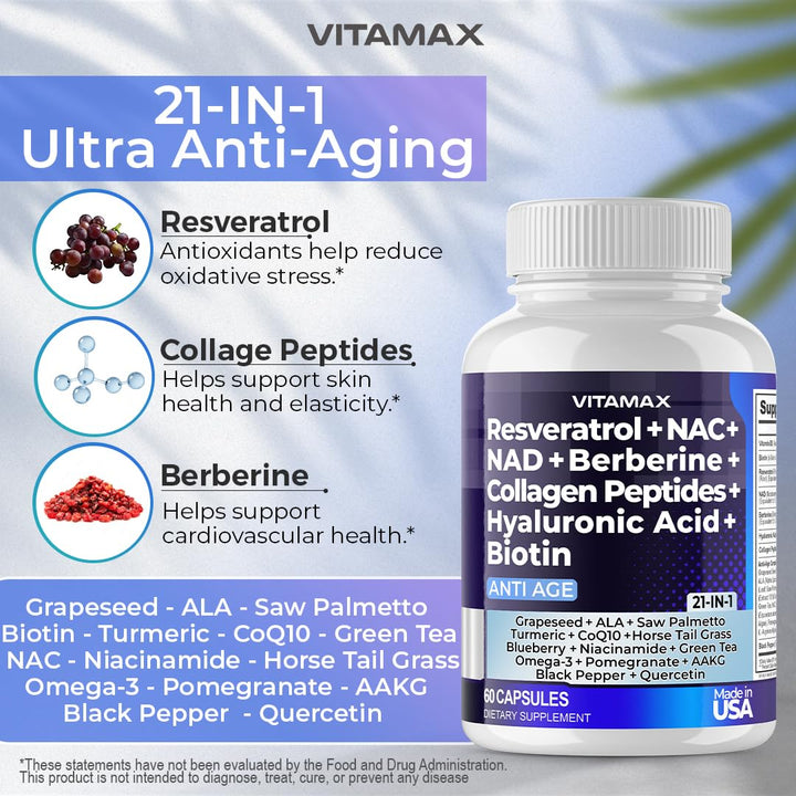 Vitamax Resveratrol NAD+ Berberine Hyaluronic Acid Supplement, 60 Count