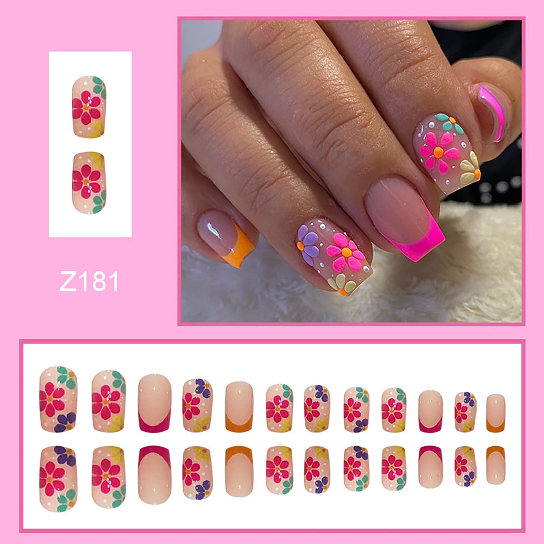 TBRZTR Press On Nails, Multiple Colour Flower Patterns, 24 Count