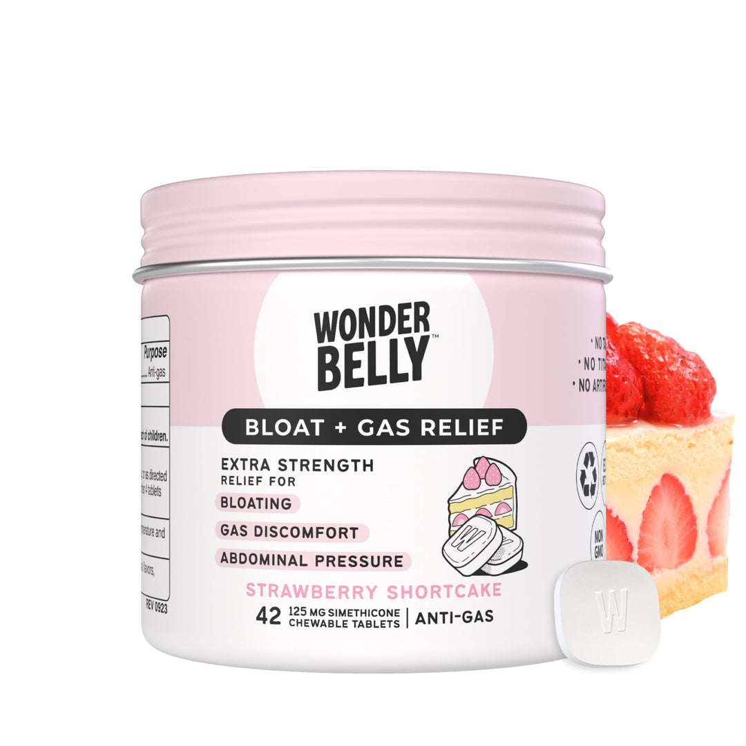 Wonderbelly Bloat + Gas Relief Chewable Tablets, Extra Strength, Strawberry Shortcake, 42 Count