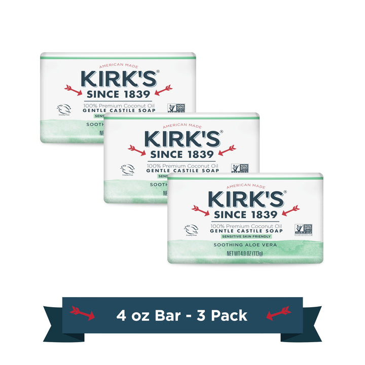 Kirk's Gentle Castile Soap, Soothing Aloe Vera, 4 oz, Pack of 3