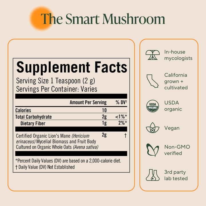 OM MUSHROOM SUPERFOOD Lion's Mane Mushroom Powder, Organic, 3.5 oz