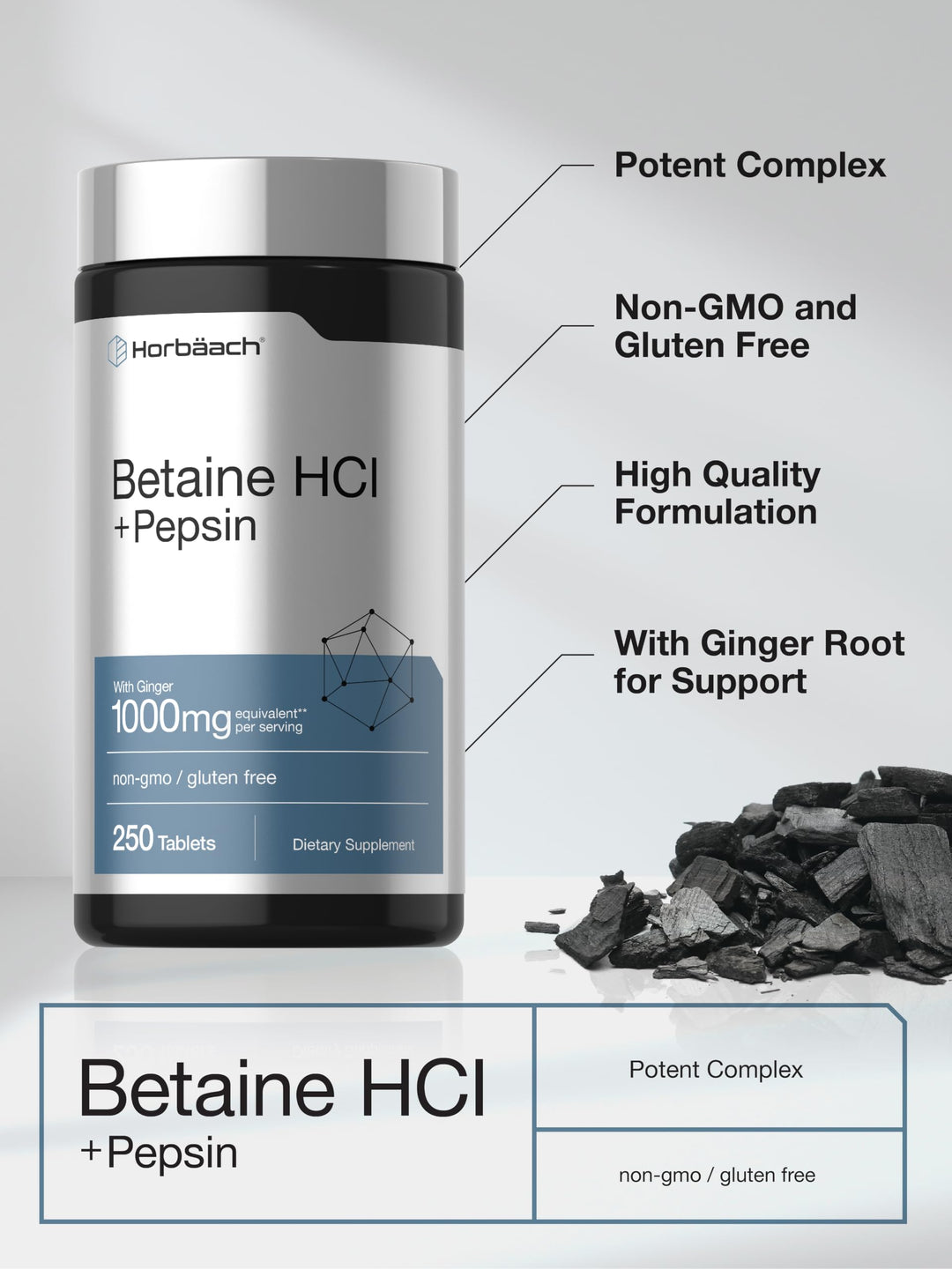 Horbäach Betaine HCl With Pepsin, 250 Count
