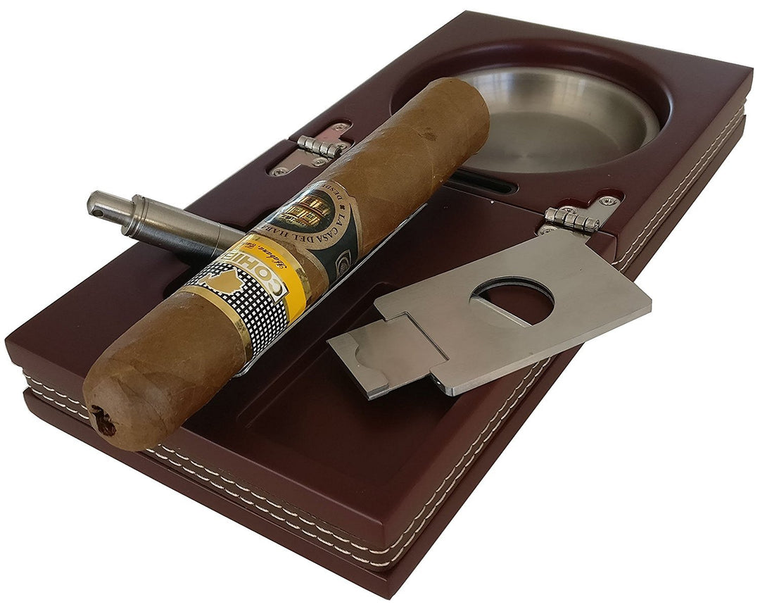 Habanosy Hermanos Compact Ash Tray with Cutter and Punch, Walnut with Leather, 4.75 in x 4.75 in x 2.8 in