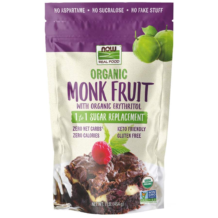 NOW Real Food Organic Monk Fruit with Erythritol Sugar Replacement, 1 lb