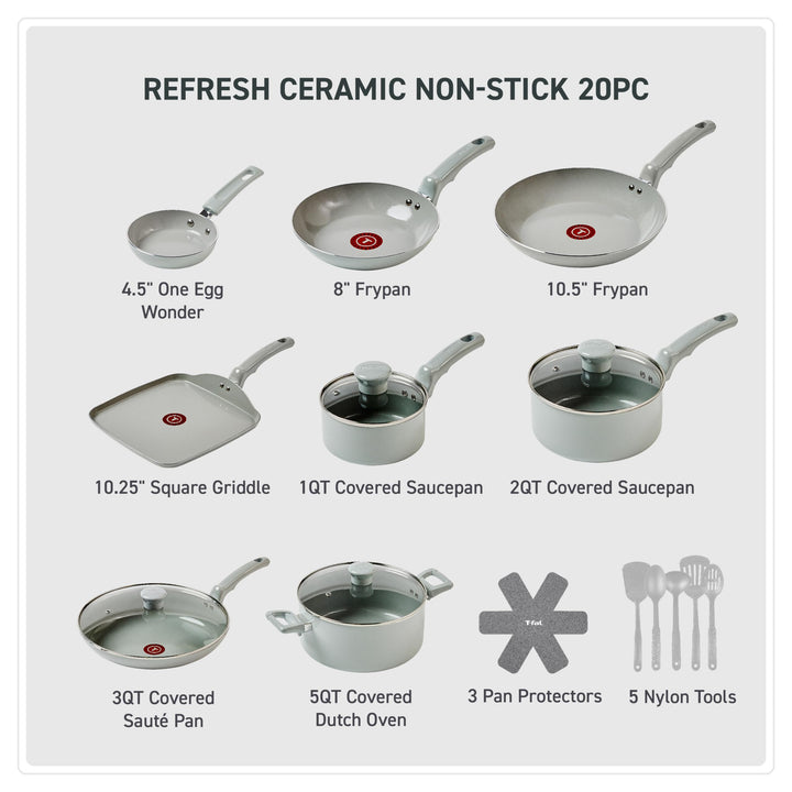 T-Fal Refresh Ceramic Cookware Set, Moon Grey, 20 Count