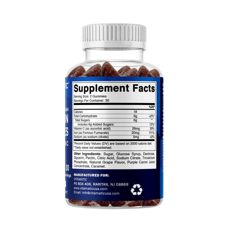 Vitamatic Vegan Iron With Vitamin C, Grape, 60 Count