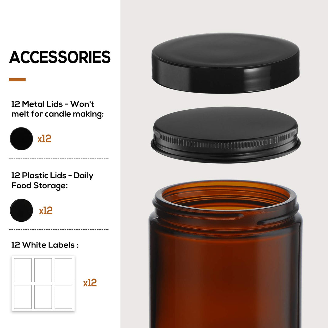 AOZITA Amber Round Glass Jars with Lids, 8 oz, 12 Count