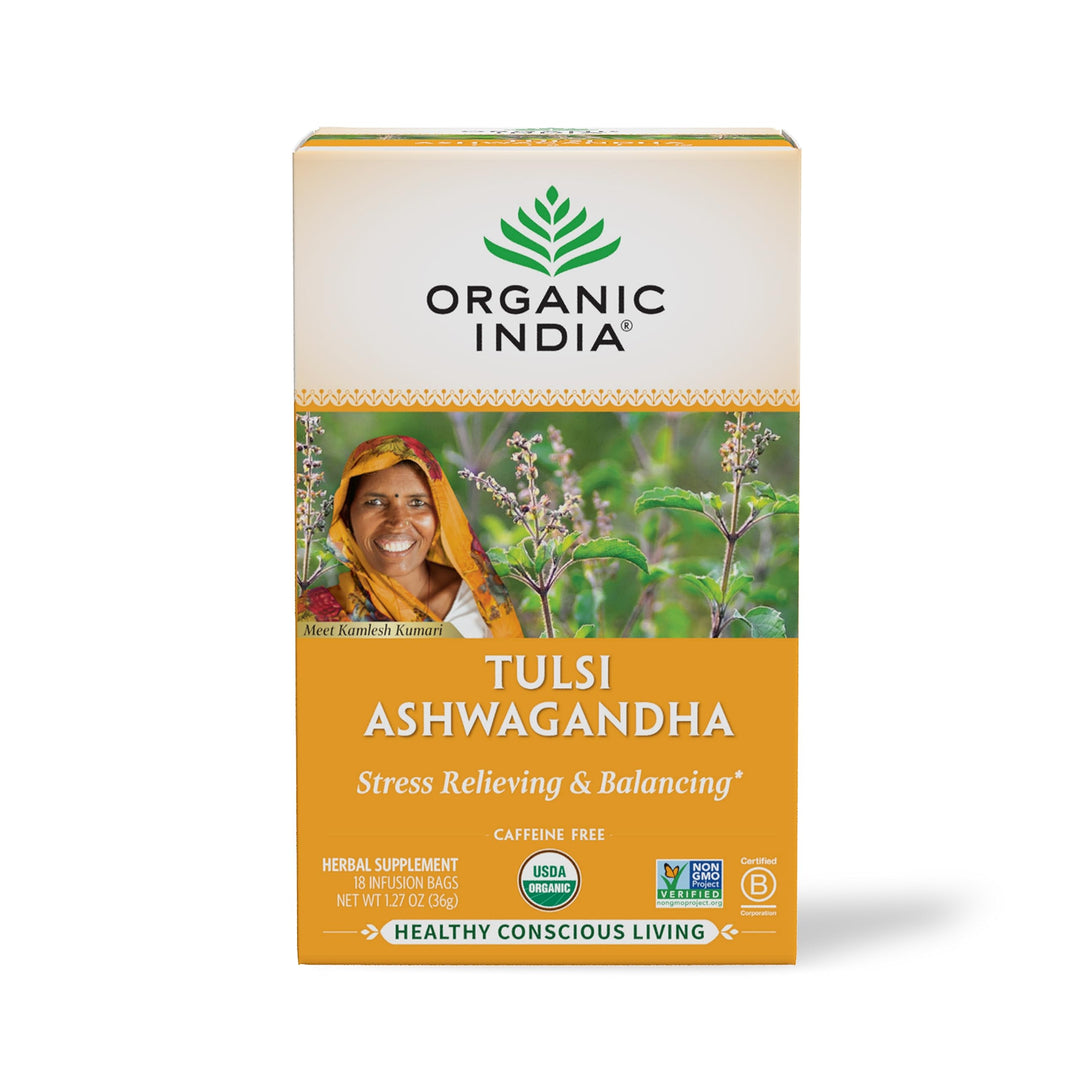 Organic India Tulsi Tea Ashwagandha, Caffeine-Free, 18 Count, 1.27 oz