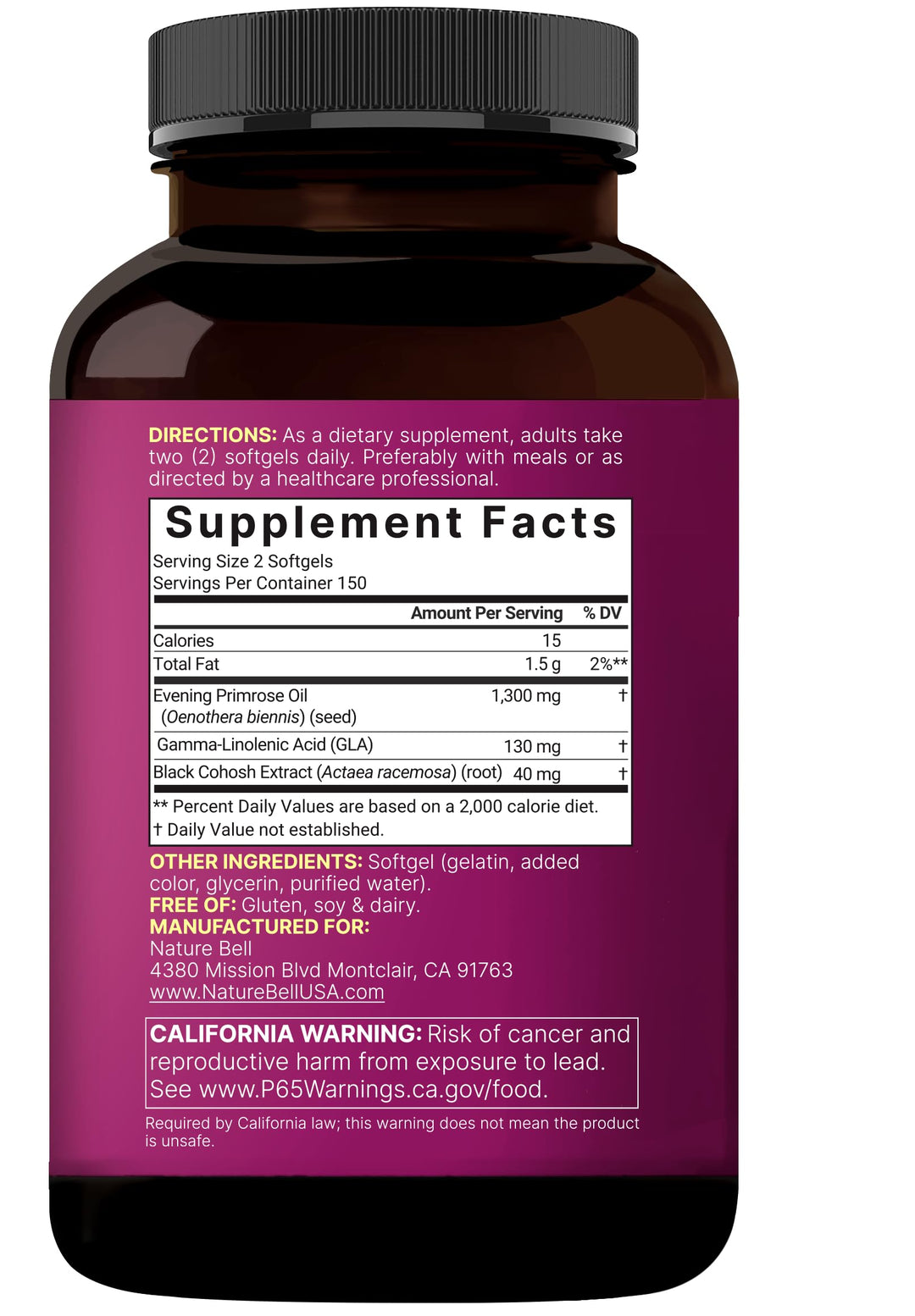 NatureBell Evening Primrose Oil with Black Cohosh, 1300 mg, 300 Count