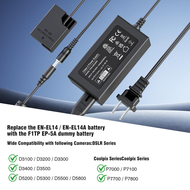 F1TP EH-5 EP-5A AC Power Adapter Charger Kit, EN-EL14 Dummy Battery