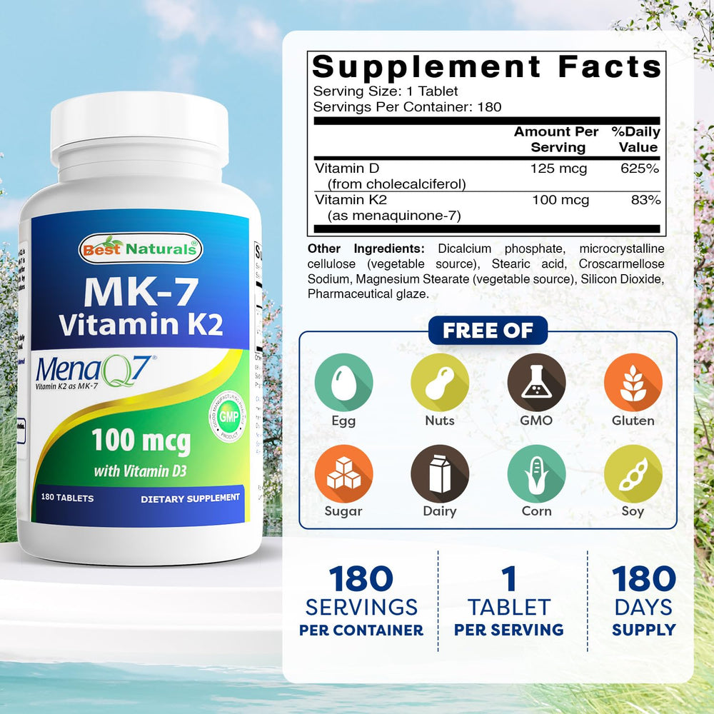 Best Naturals Vitamin K2 MK7 with D3, 5000 IU / 100 mcg, 180 Count