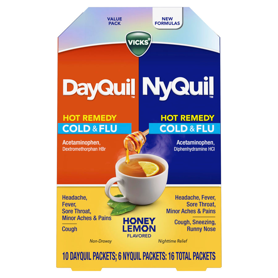 Vicks DayQuil and NyQuil Hot Remedy Cold and Flu Powder Mix, 16 Count