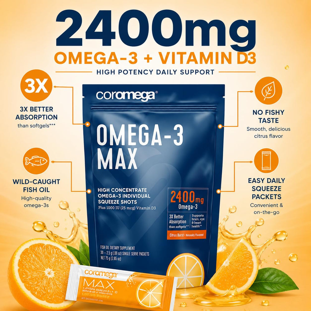 Coromega Max High Concentrate Omega 3 Fish Oil, Citrus Burst, 30 Count