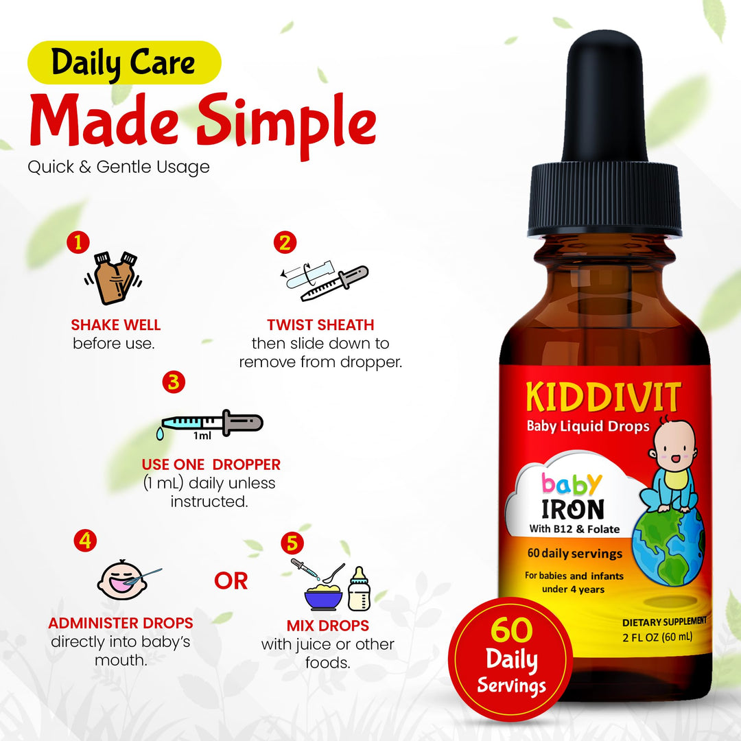 Kiddivit Baby Iron Liquid Drops with Vitamin B12 and Folate, 2 fl oz