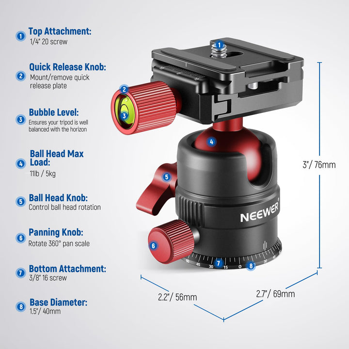 NEEWER GM28 Tripod Head, 360 Degree Rotating Panoramic Ball Head, 5 kg