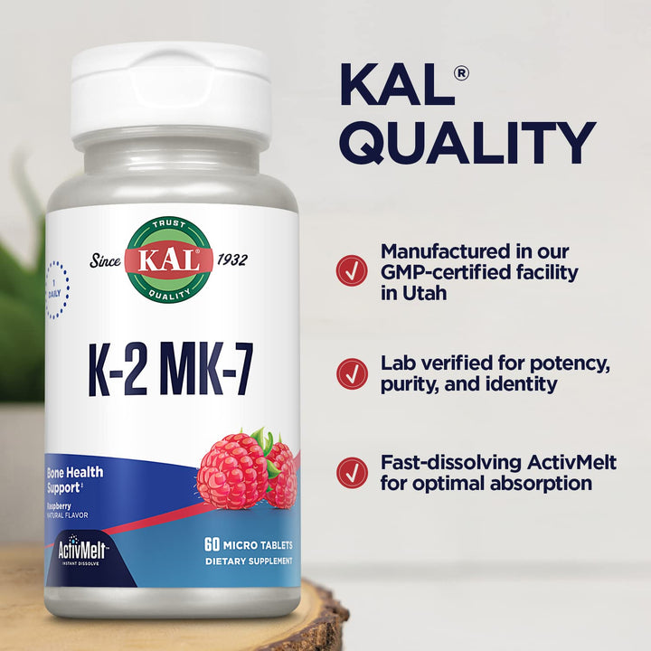 KAL Bone Support Dietary Supplement, Raspberry, 60 Count