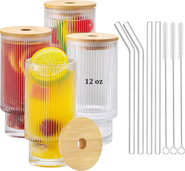 ASANMEYO Ribbed Drinking Glasses, 12 oz, 4 Count