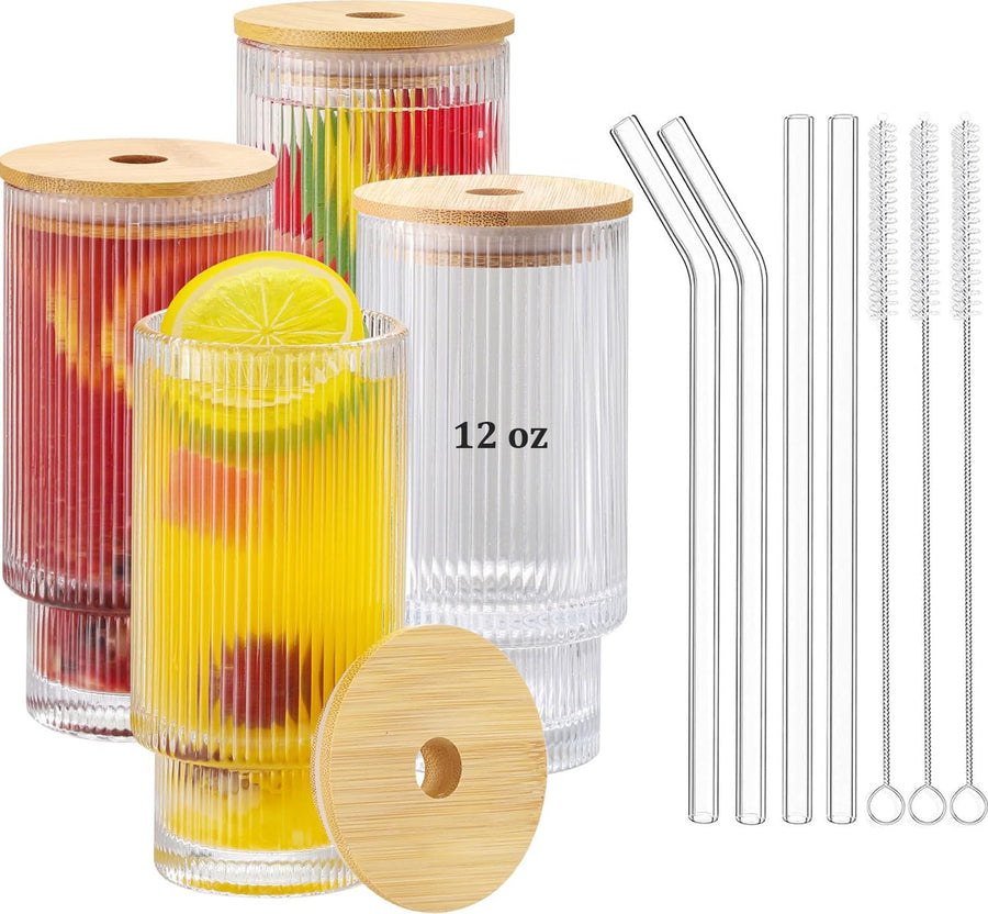 ASANMEYO Ribbed Drinking Glasses, 12 oz, 4 Count
