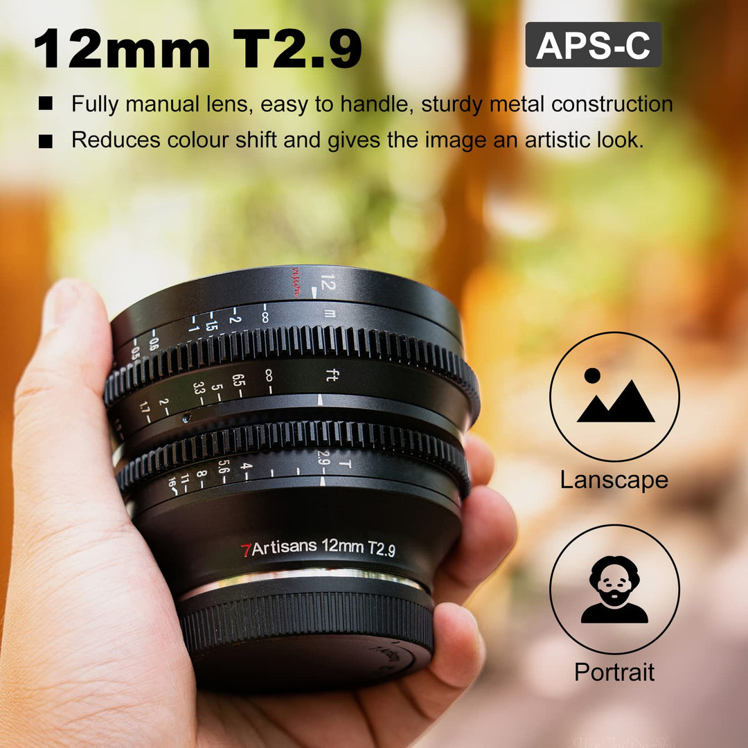 7artisans 12mm T2.9 APS-C Ultra Wide Angle Cine Lens, Fujifilm X Mount, Black