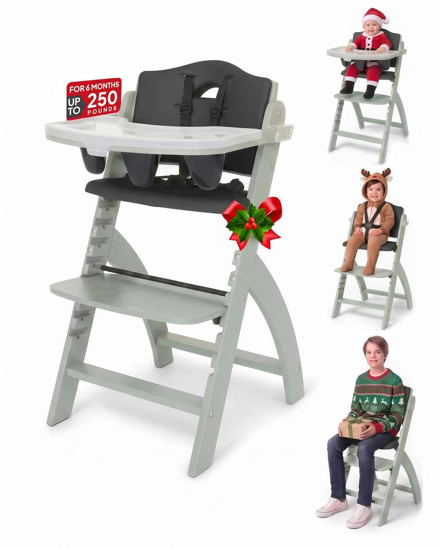 Abiie Beyond Junior Wooden High Chair, Misty Grey Wood/Black Pearl Cushion