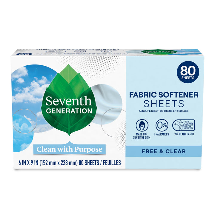 Seventh Generation Dryer Sheets Fabric Softener, Free & Clear, 80 Count