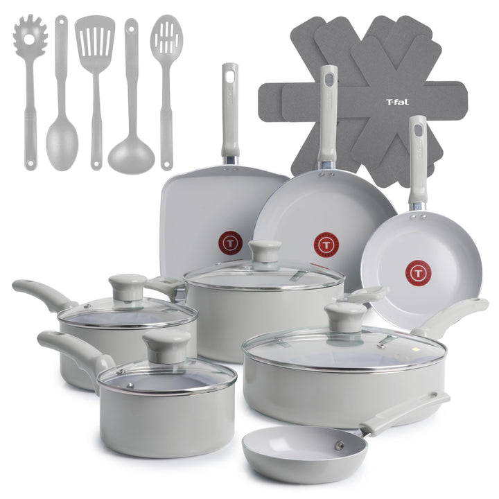 T-Fal Refresh Ceramic Cookware Set, Moon Grey, 20 Count