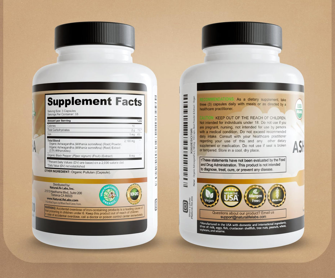NaturaLife Labs Organic Ashwagandha, 2100 mg, 100 Count