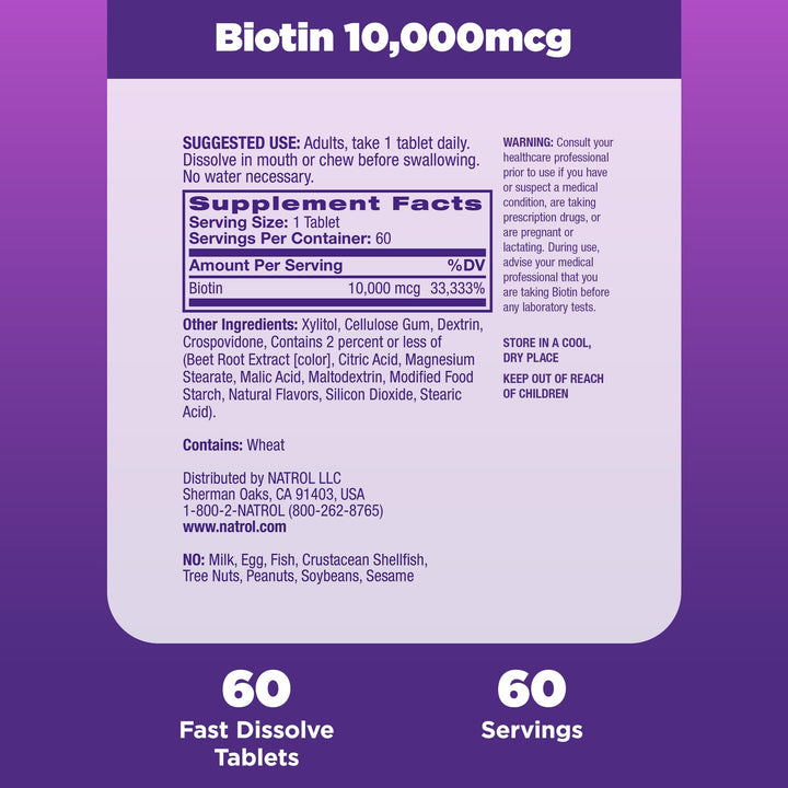 Natrol Biotin 10,000 mcg, Natural Strawberry Flavor, 60 Count