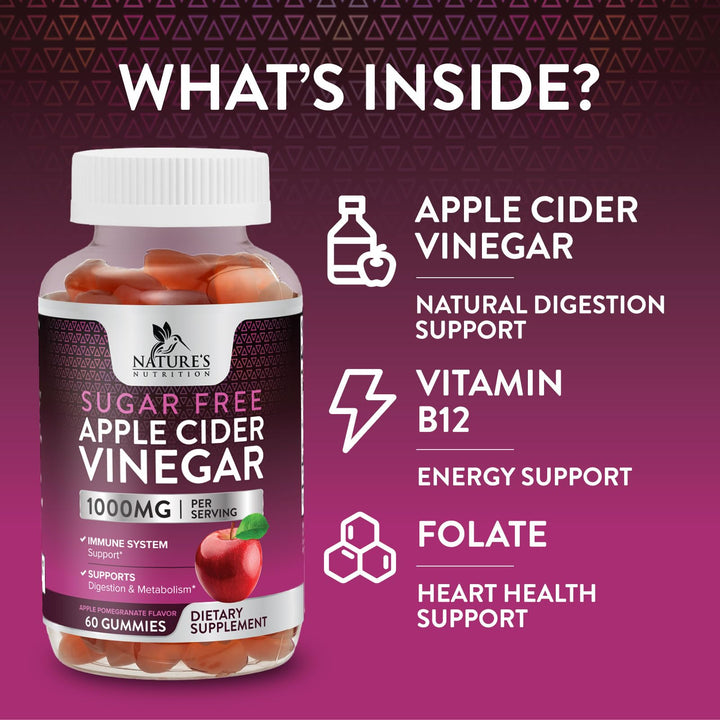 Nature's Nutrition Apple Cider Vinegar Gummies, Sugar Free, 60 Count