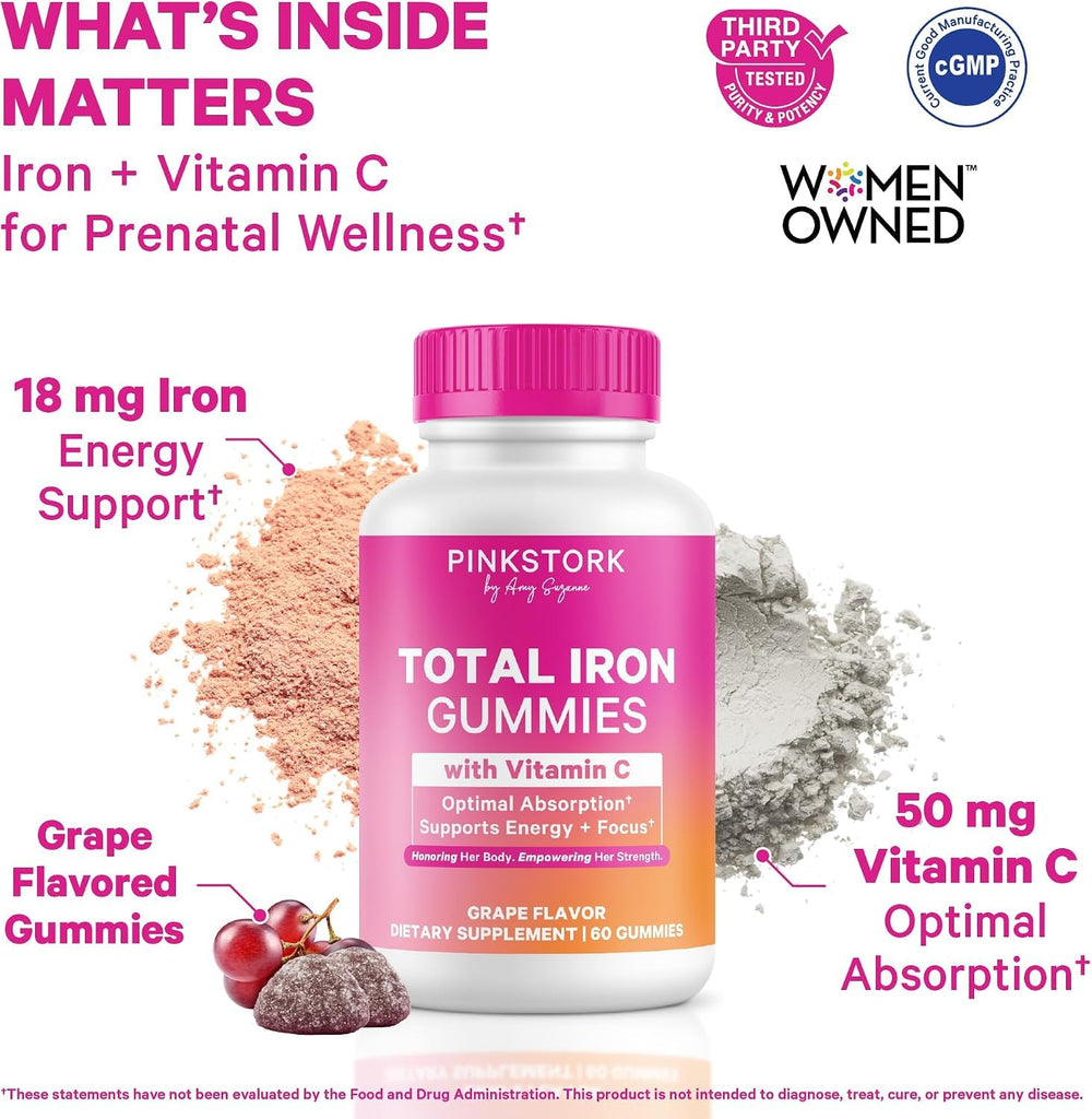 Pink Stork Prenatal Iron Gummies, Grape, 60 Count