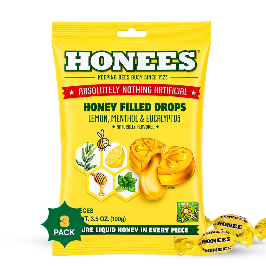 Honees Honey Lemon Cough Drops, Lemon, 60 Count, Pack of 3