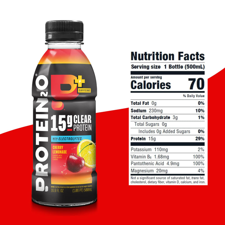 Protein2o Whey Protein Infused Water Plus Energy, Cherry Lemonade, 16.9 fl oz, Pack of 12