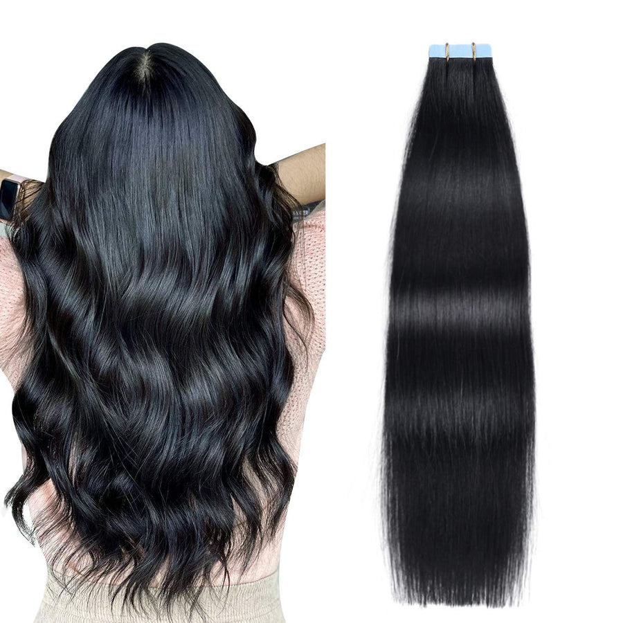 SUYYA Tape in Hair Extensions Human Hair, Jet Black, 12 inches 20 Count
