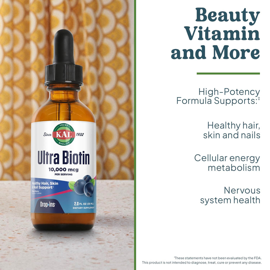 KAL Ultra Biotin Drop Ins Hair Skin & Nails Formula, Mixed Berry, 10000 mcg