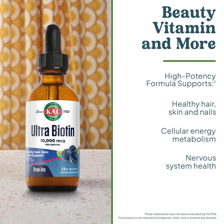 KAL Ultra Biotin Drop Ins Hair Skin & Nails Formula, Mixed Berry, 10000 mcg
