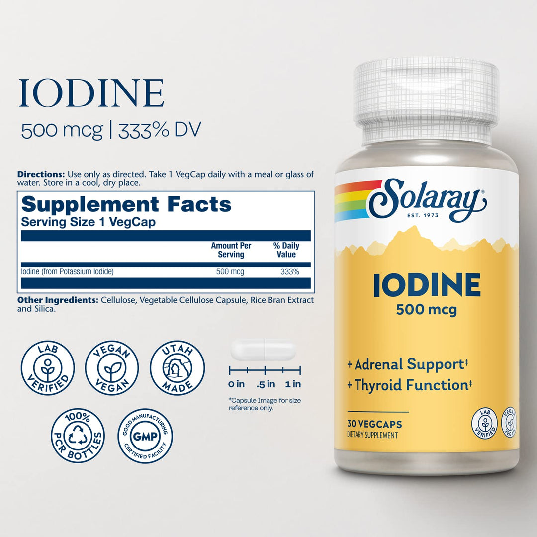 SOLARAY Iodine Vegetarian Capsules, 500 mcg, 30 Count