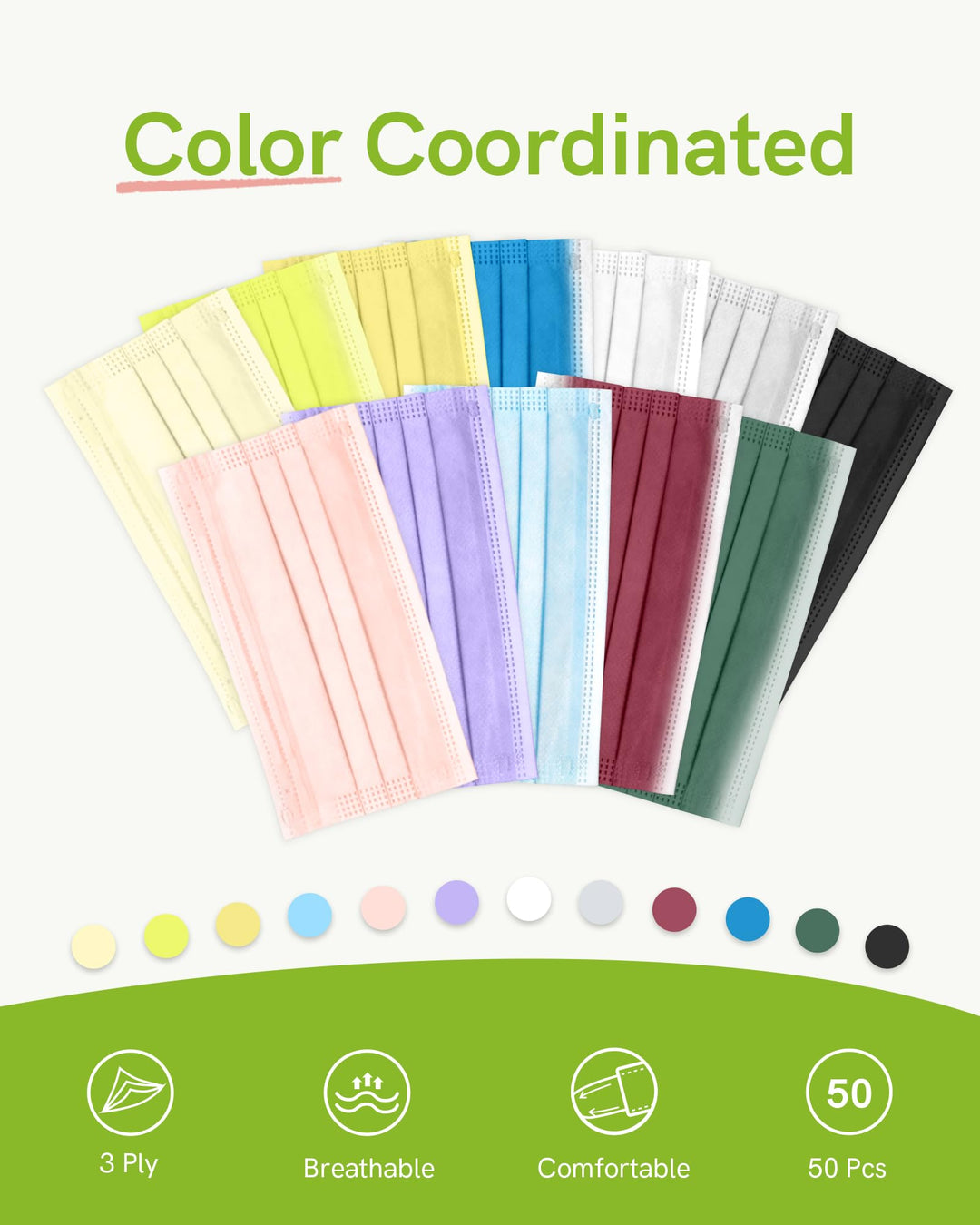 FriCARE ECOGUARD 3-Ply Disposable Face Mask, Multicolor, 50 Count