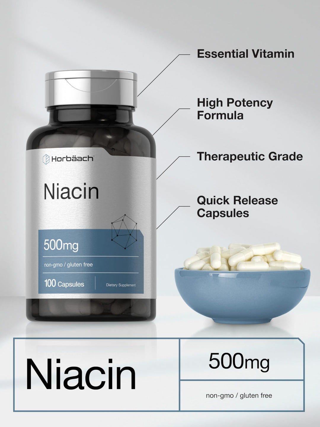 Horbäach Niacin Vitamin B3, 500 mg, 100 Count