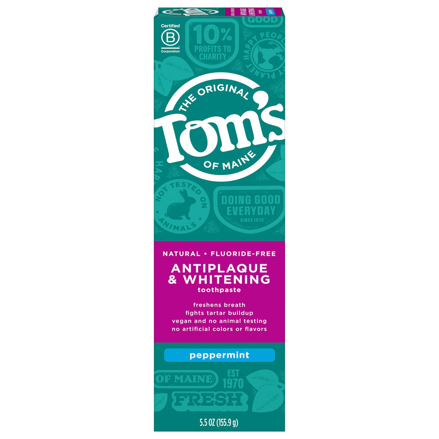 Tom's of Maine Antiplaque & Whitening Fluoride-Free Toothpaste, Peppermint, 5.5 oz