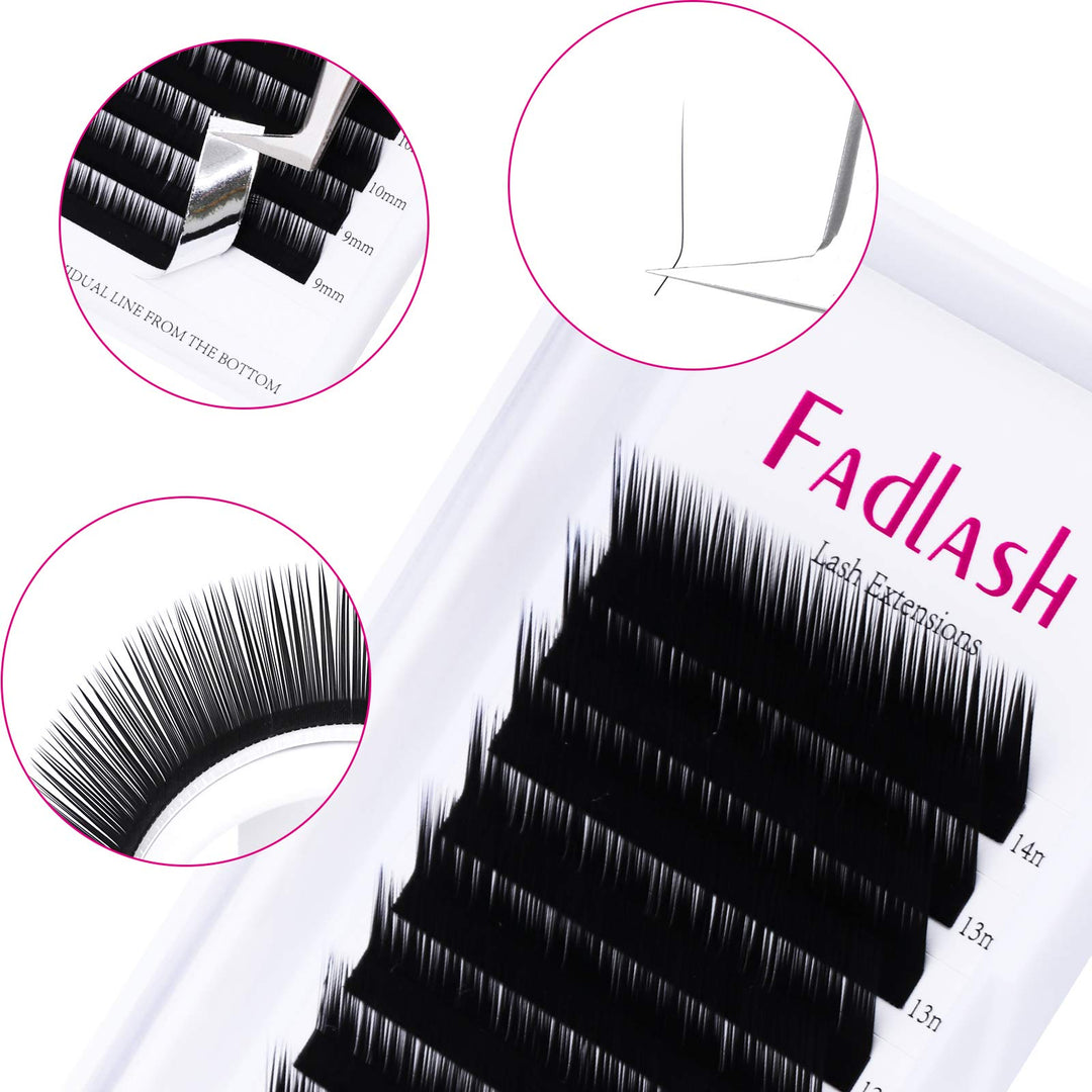 FADLASH Classic Lash Extensions, Black, 0.10, L Curl, 8-14mm Mixed, 12 Count