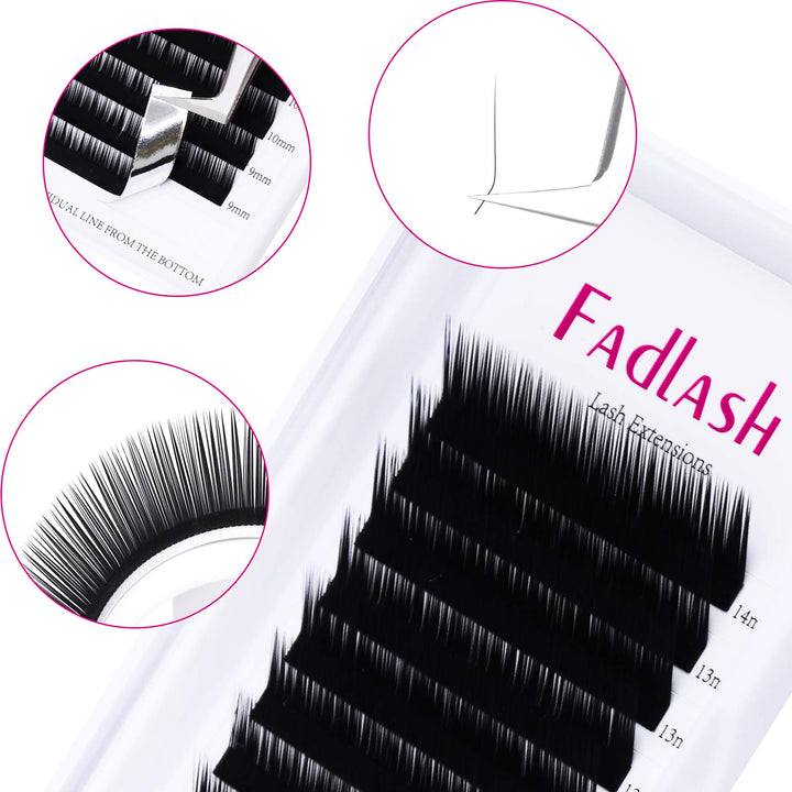 FADLASH Classic Lash Extensions, Black, 0.10, L Curl, 8-14mm Mixed, 12 Count