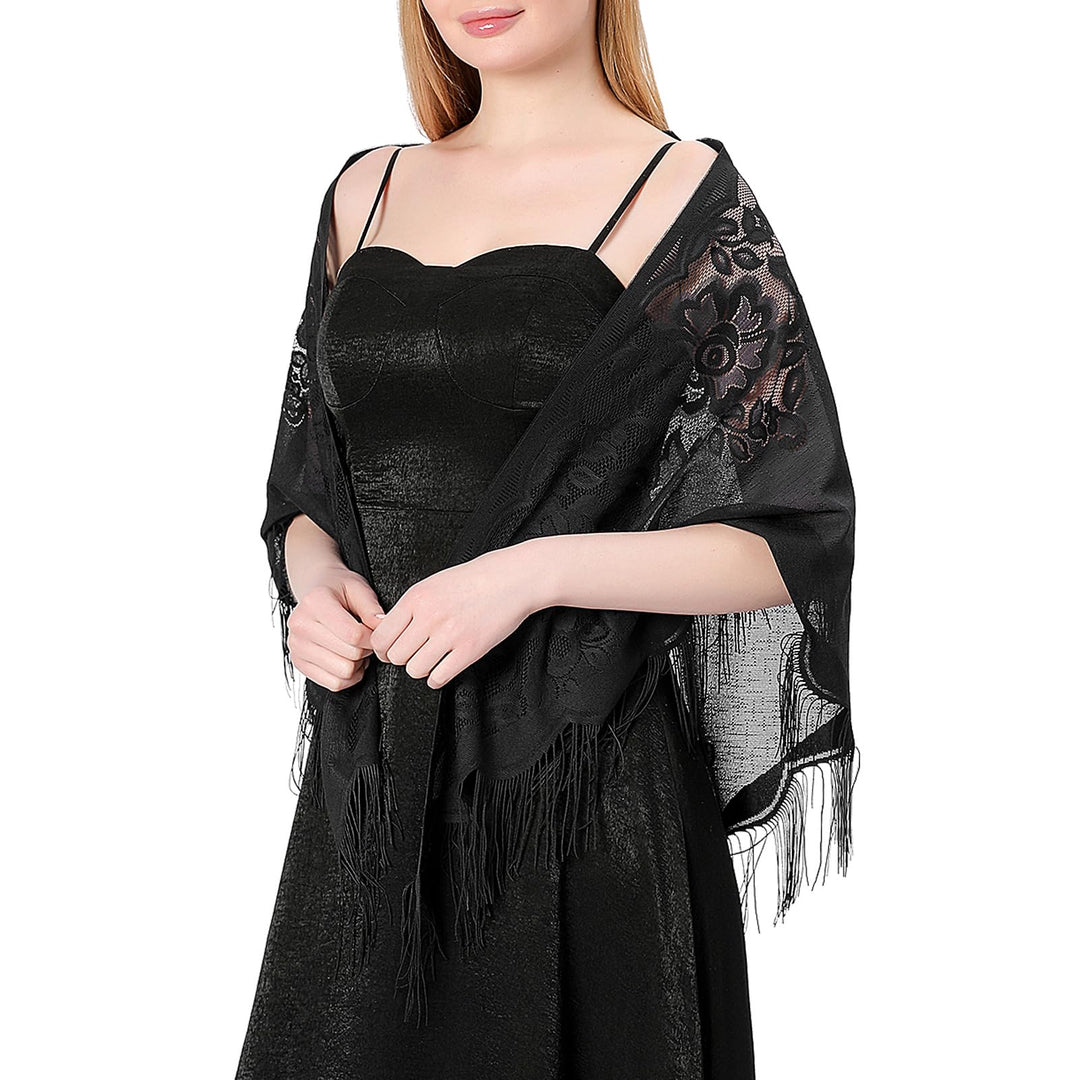 Ladiery Triangle Lace Stole, Black, 180 x 70 cm